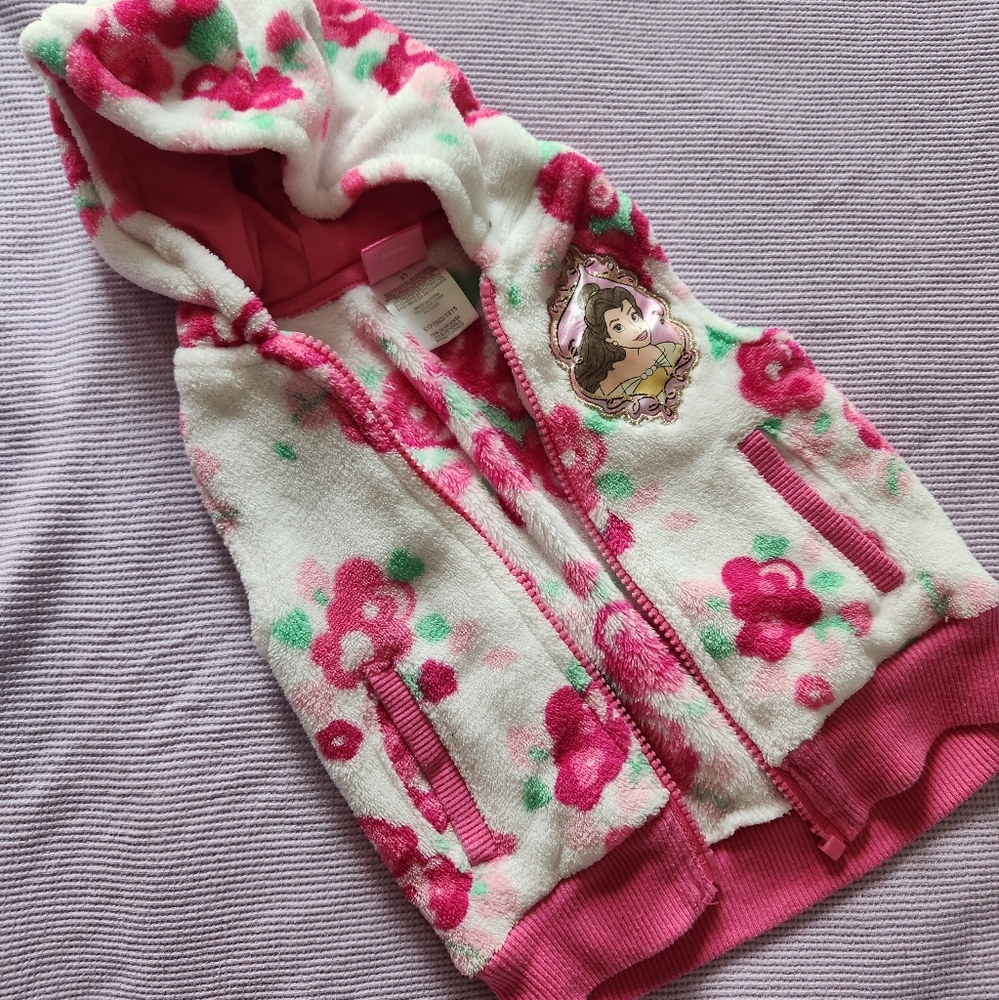 Disney Princess BELLE (Beauty & The Beast) Floral Fuzzy Hooded Vest TODDLERS 2T